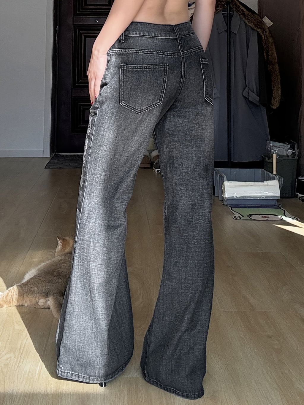 Printed Washed Distressed Flared Jeans