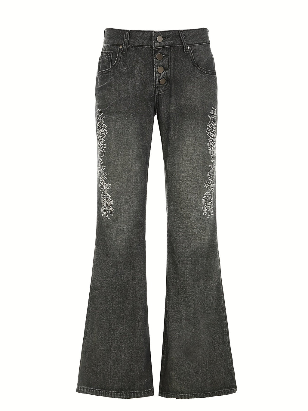 Printed Washed Distressed Flared Jeans