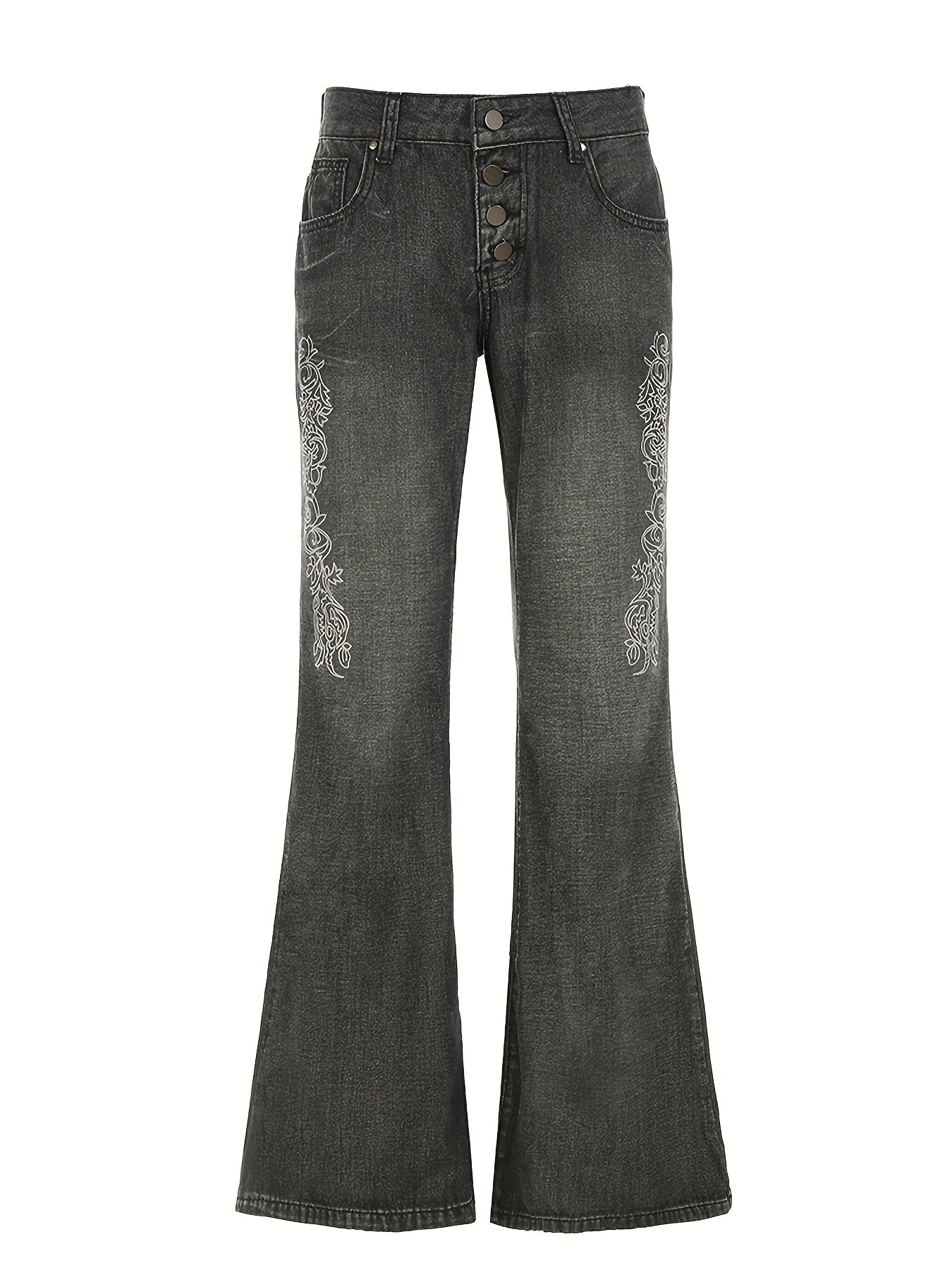 Printed Washed Distressed Flared Jeans