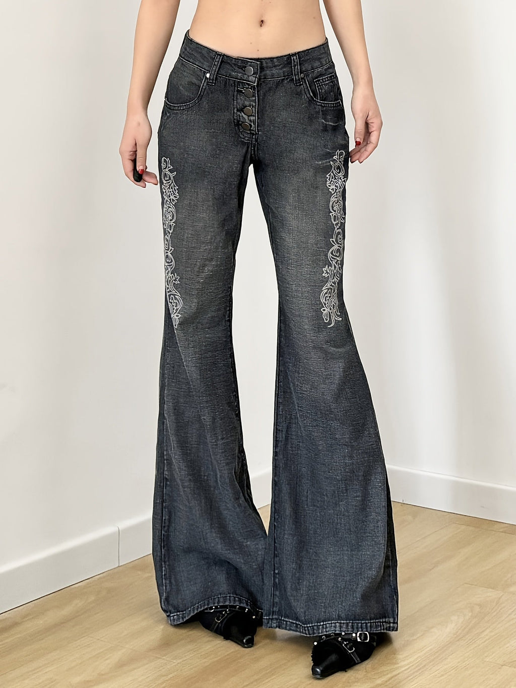 Printed Washed Distressed Flared Jeans