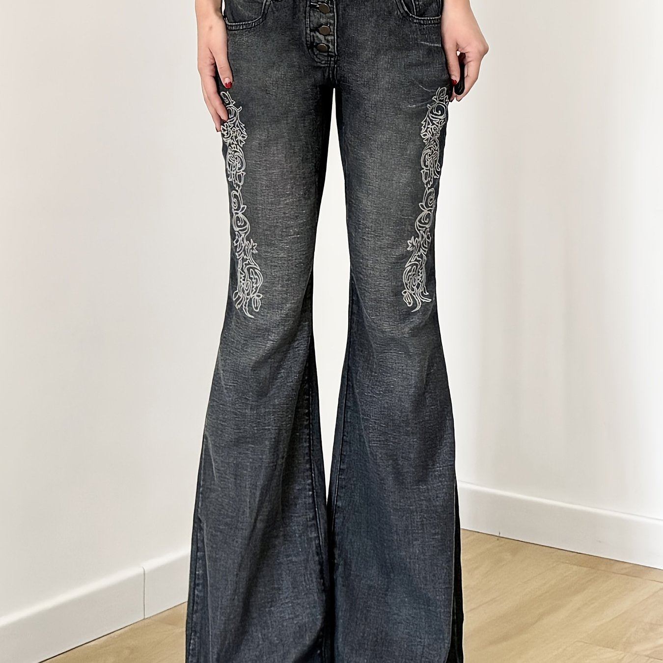 Printed Washed Distressed Flared Jeans