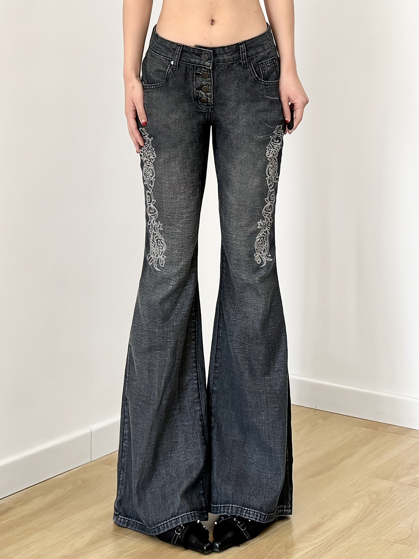 Printed Washed Distressed Flared Jeans