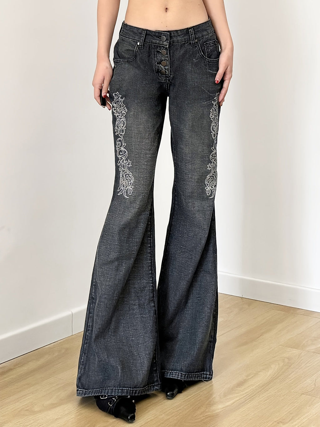 Printed Washed Distressed Flared Jeans