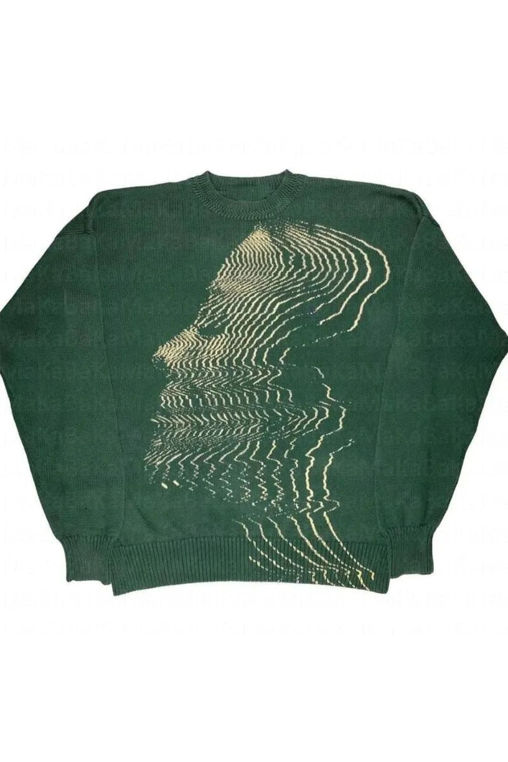 ABSTRACT FACE DESIGN KNITTED CREWNECK SWEATSHIRT IN GREEN