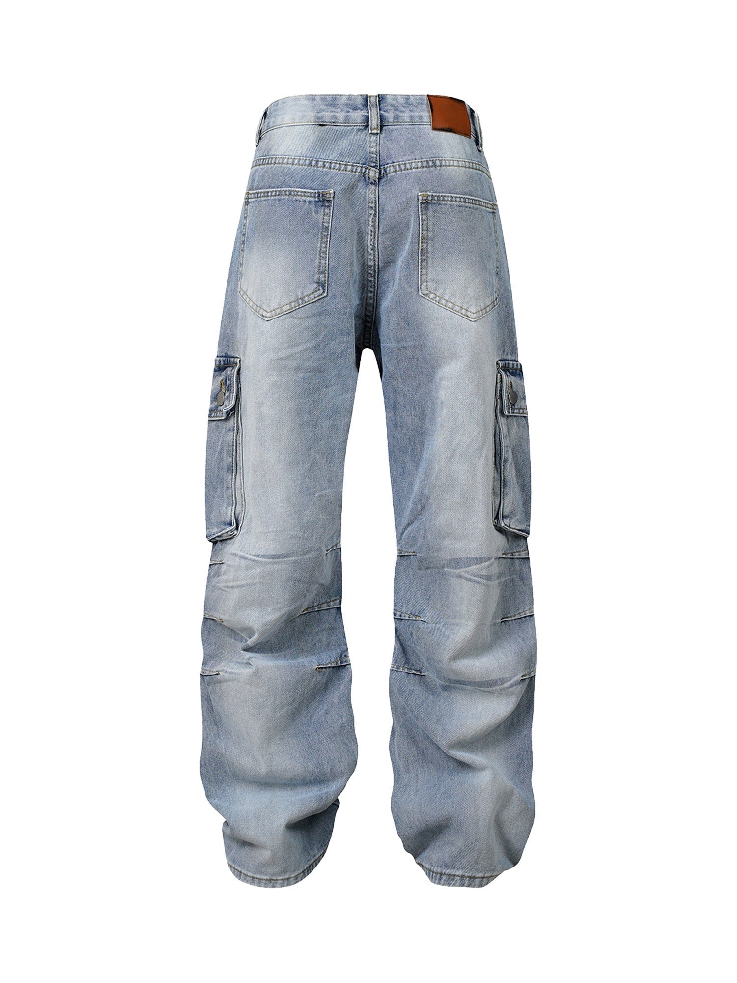 ACID-WASH DENIM CARGO PANTS MID WAIST STRAIGHT LEG