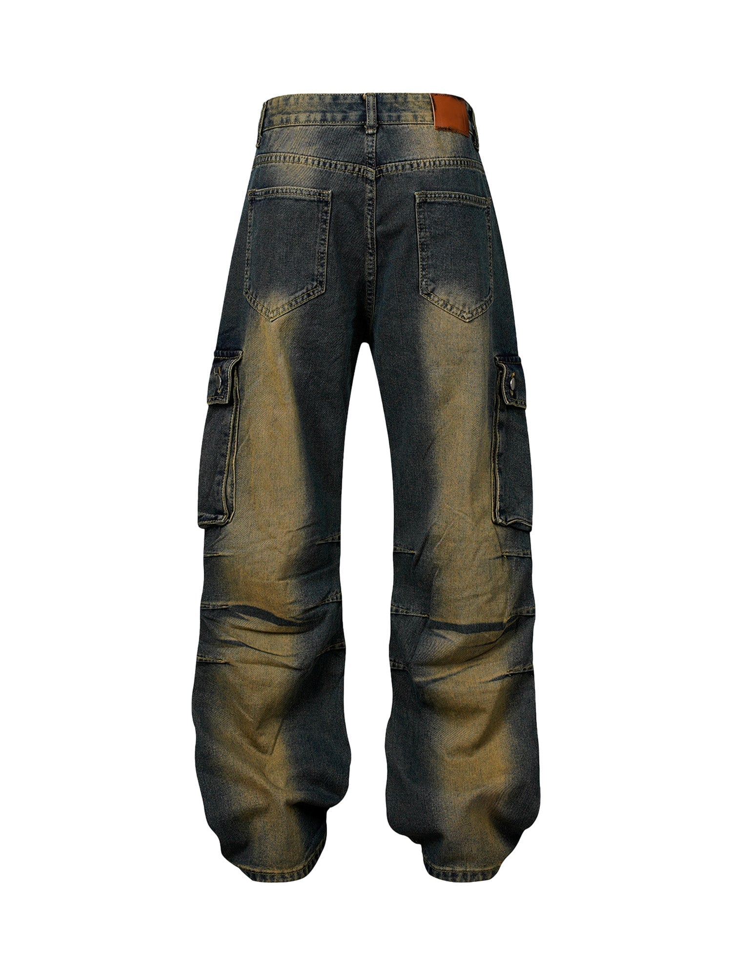 ACID-WASH DENIM CARGO PANTS MID WAIST STRAIGHT LEG