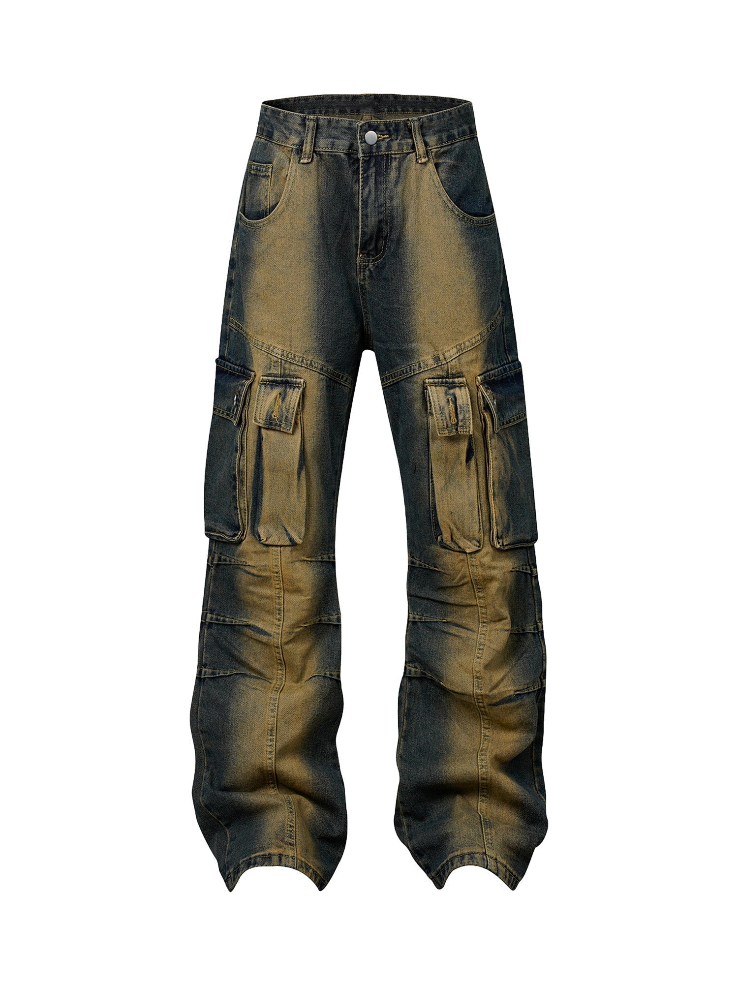 ACID-WASH DENIM CARGO PANTS MID WAIST STRAIGHT LEG