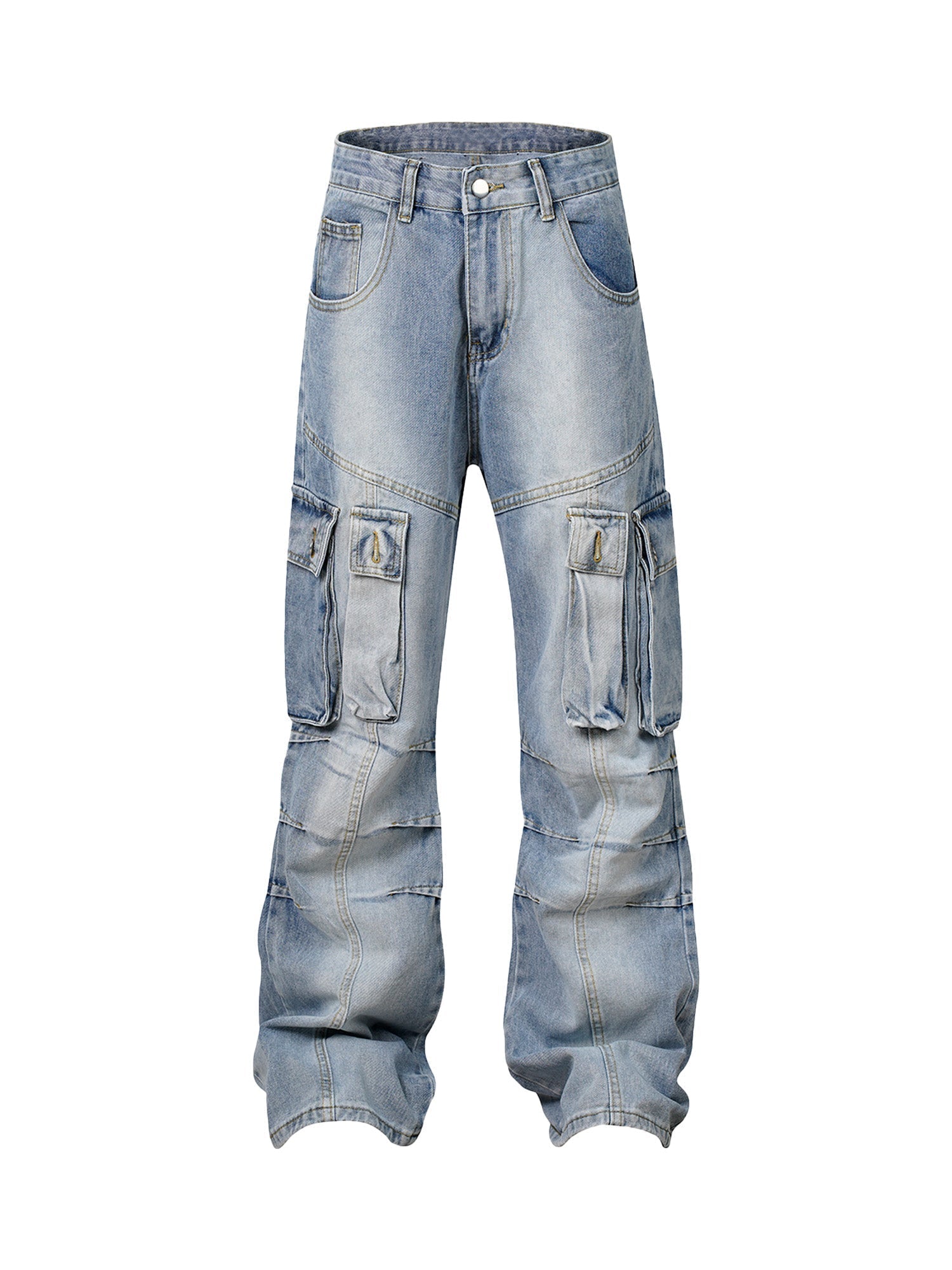 ACID-WASH DENIM CARGO PANTS MID WAIST STRAIGHT LEG