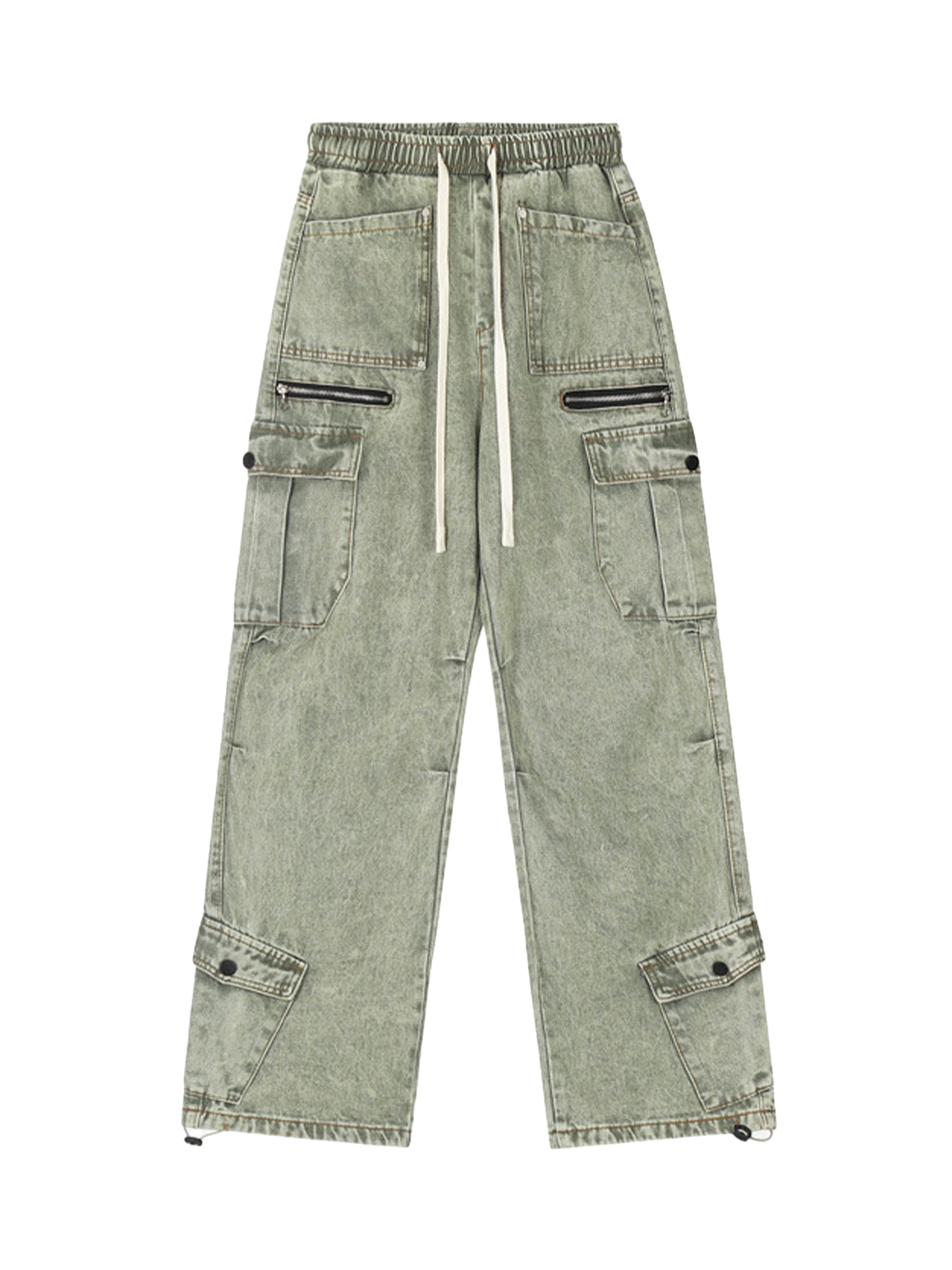 ACID-WASH GREEN CARGO PANTS WITH MID WAIST IN COTTON BLEND