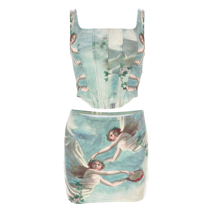 ANGEL PRINT CORSET SKIRT SET CELESTIAL CHERUB