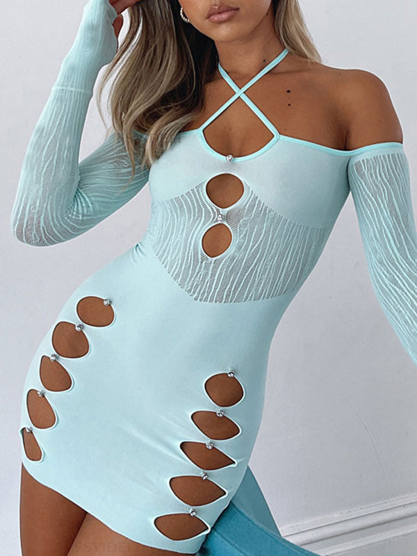 AQUA HALTER-NECK MINI DRESS WITH CUTOUTS LONG SLEEVE MINI
