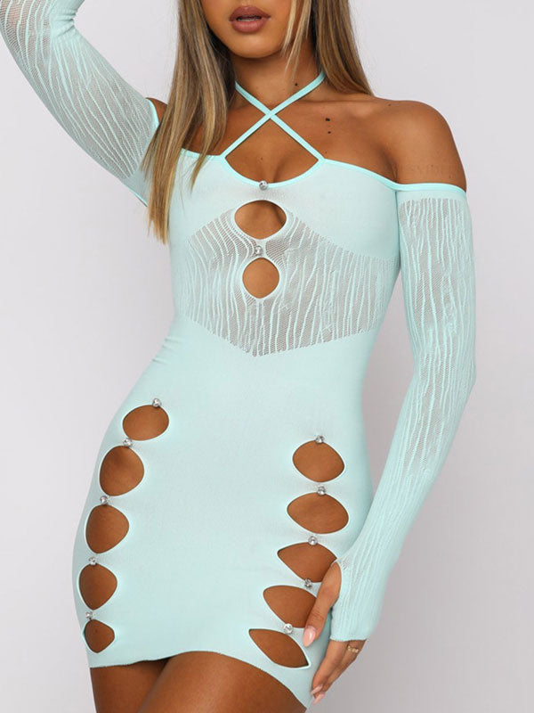 AQUA HALTER-NECK MINI DRESS WITH CUTOUTS LONG SLEEVE MINI