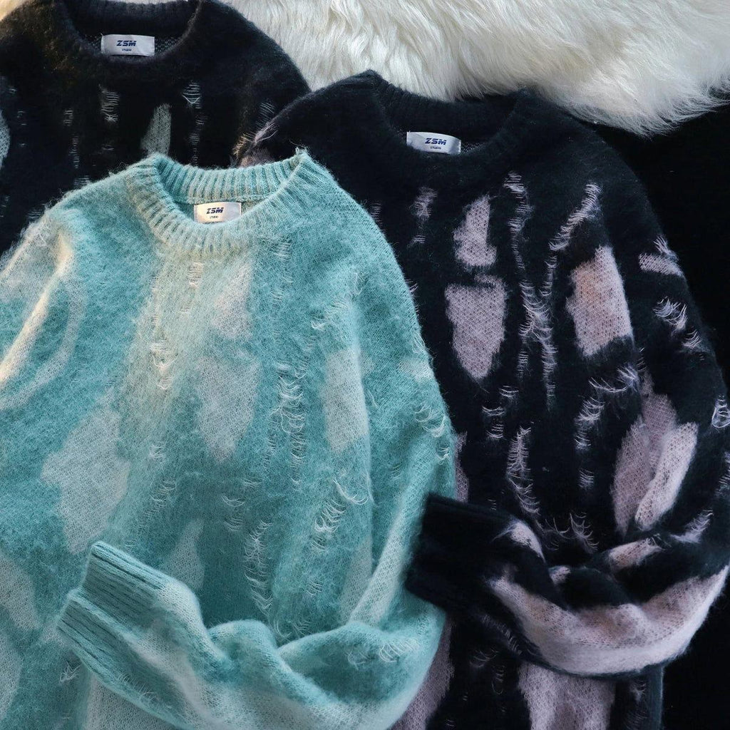 AQUA KNIT SWEATER WITH ABSTRACT PATTERN - UNISEX SWEATSHIRT WITH OCEAN MOTIFS