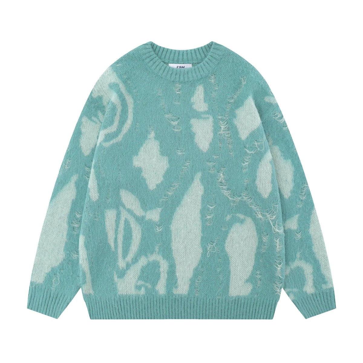 AQUA KNIT SWEATER WITH ABSTRACT PATTERN - UNISEX SWEATSHIRT WITH OCEAN MOTIFS