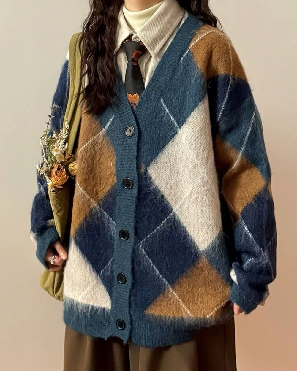 ARGYLE PATTERN CARDIGAN HIGH SCHOOL INSPIRED HIGH-QUALITY ACRYLIC