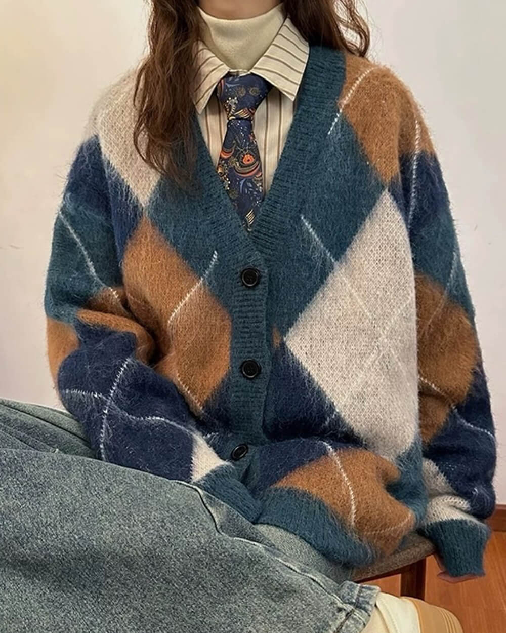 ARGYLE PATTERN CARDIGAN HIGH SCHOOL INSPIRED HIGH-QUALITY ACRYLIC