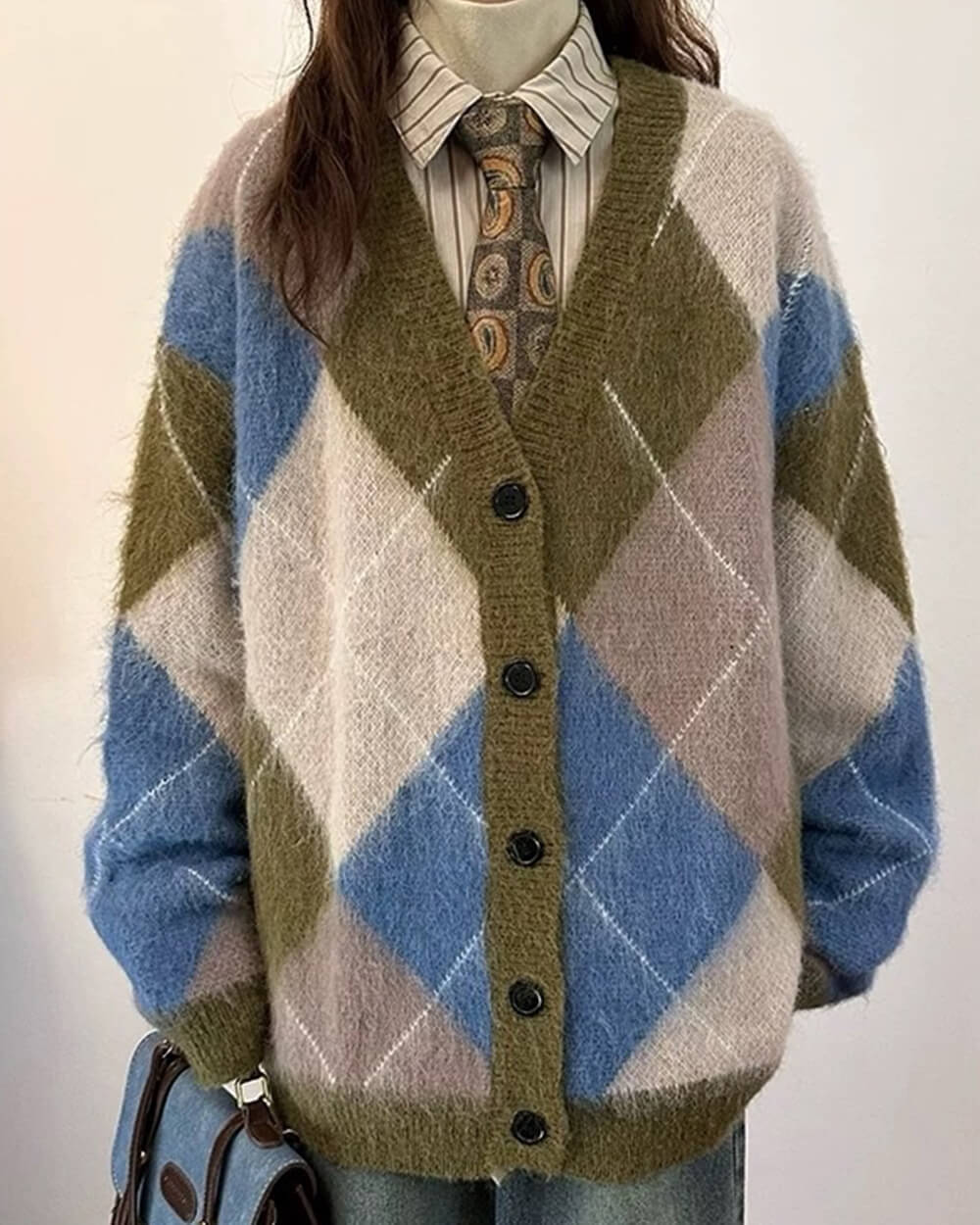 ARGYLE PATTERN CARDIGAN HIGH SCHOOL INSPIRED HIGH-QUALITY ACRYLIC