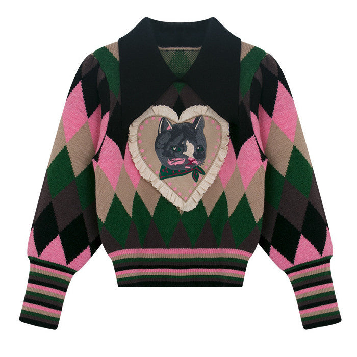 ARGYLE SWEATER WITH CAT HEART PATCH FOR WOMEN AND MEN