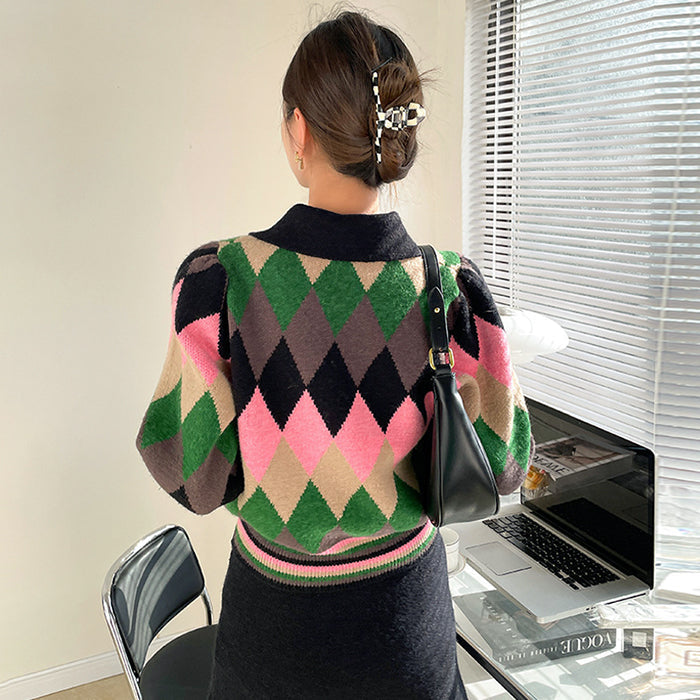 ARGYLE SWEATER WITH CAT HEART PATCH FOR WOMEN AND MEN