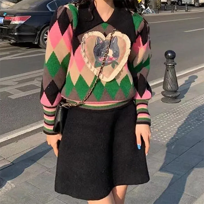 ARGYLE SWEATER WITH CAT HEART PATCH FOR WOMEN AND MEN