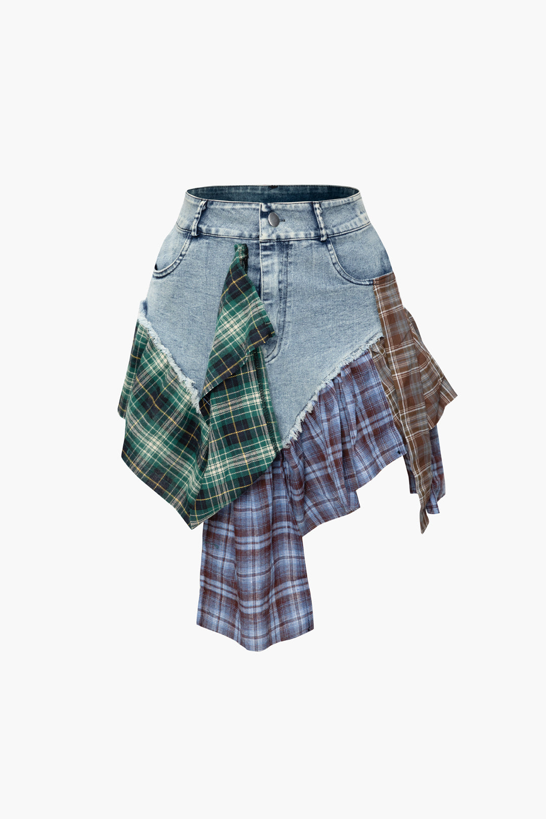 ASYMMETRIC CHECKERED PATCHWORK DENIM SKIRT