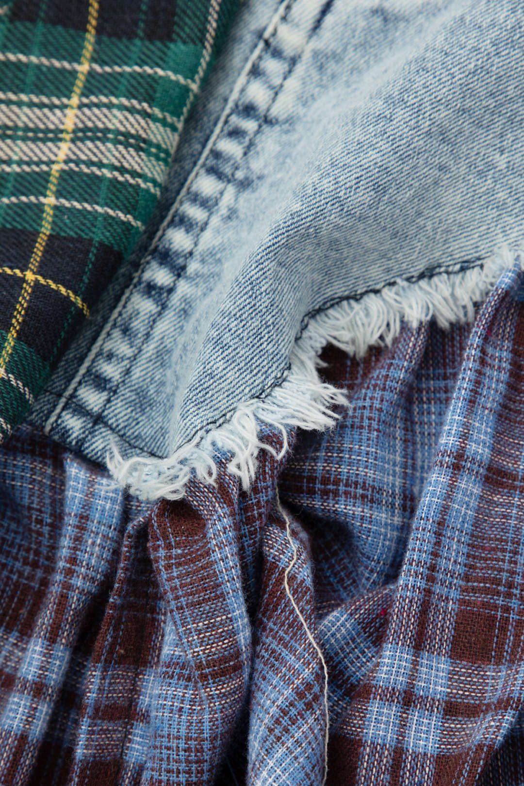 ASYMMETRIC CHECKERED PATCHWORK DENIM SKIRT