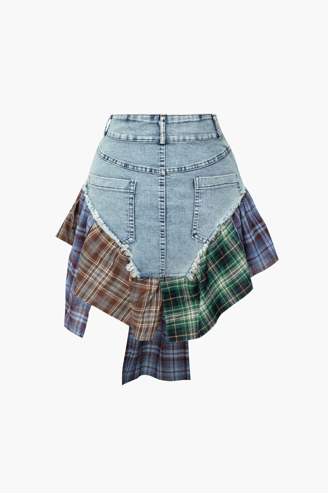 ASYMMETRIC CHECKERED PATCHWORK DENIM SKIRT