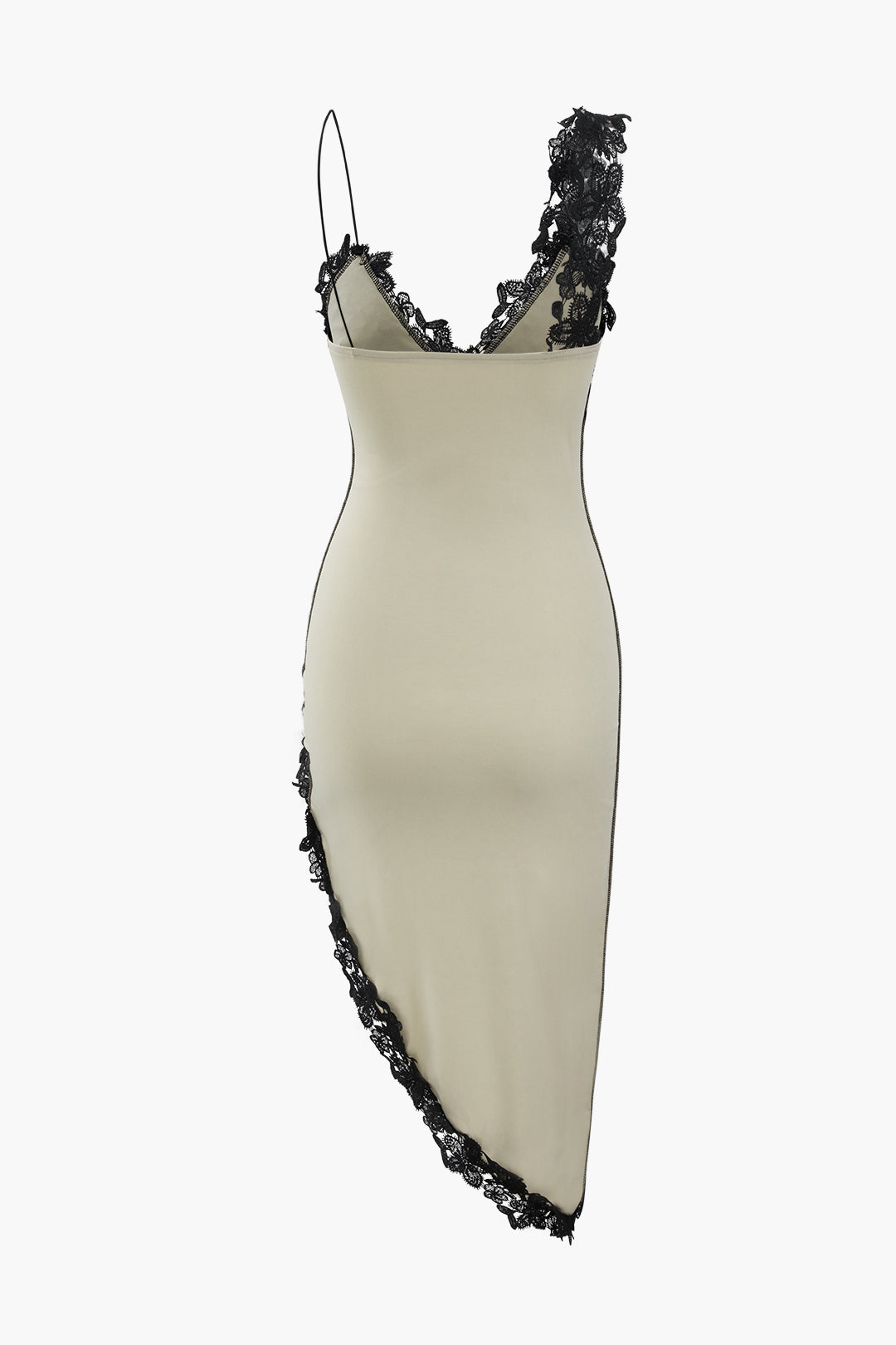 ASYMMETRICAL BEIGE DRESS WITH BLACK LACE FOR SPECIAL OCCASIONS