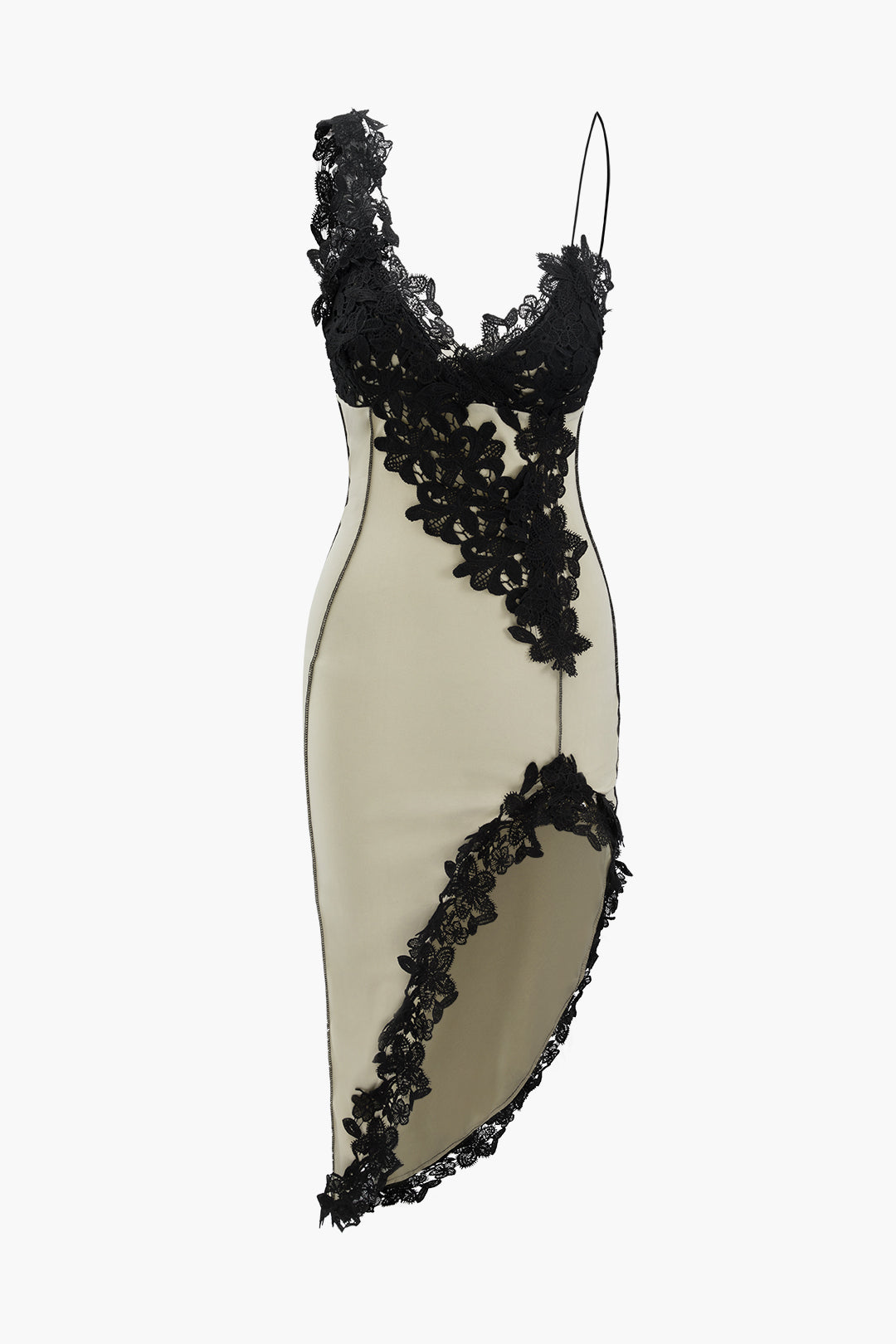 ASYMMETRICAL BEIGE DRESS WITH BLACK LACE FOR SPECIAL OCCASIONS