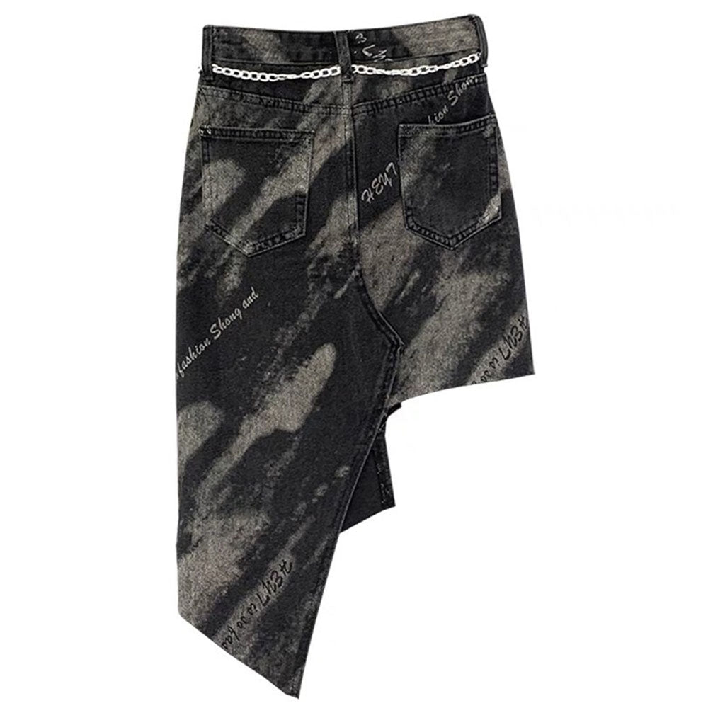 ASYMMETRICAL BLACK DENIM SKIRT BLEACHED BLACK DENIM CHAIN BELT