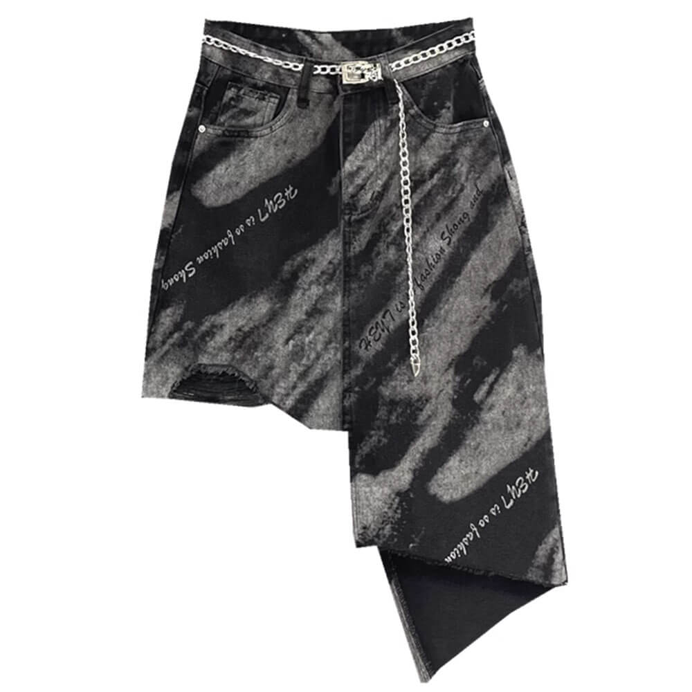 ASYMMETRICAL BLACK DENIM SKIRT BLEACHED BLACK DENIM CHAIN BELT