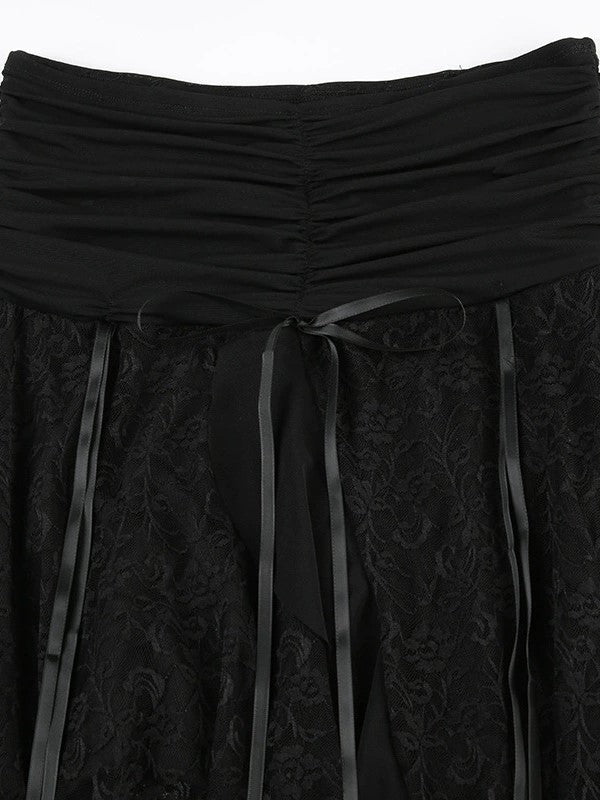 ASYMMETRICAL MIDI SKIRT WITH LACE PATCHWORK AND IRREGULAR HEM