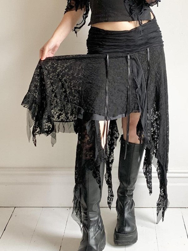 ASYMMETRICAL MIDI SKIRT WITH LACE PATCHWORK AND IRREGULAR HEM