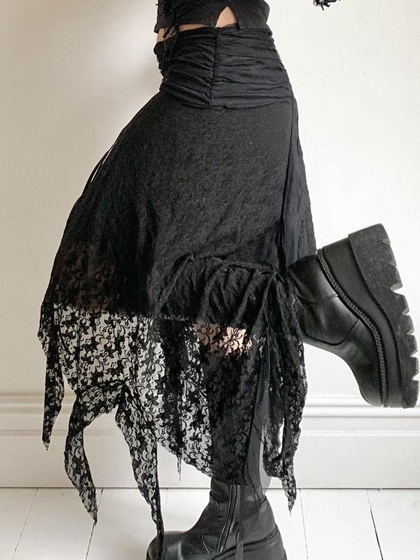 ASYMMETRICAL MIDI SKIRT WITH LACE PATCHWORK AND IRREGULAR HEM