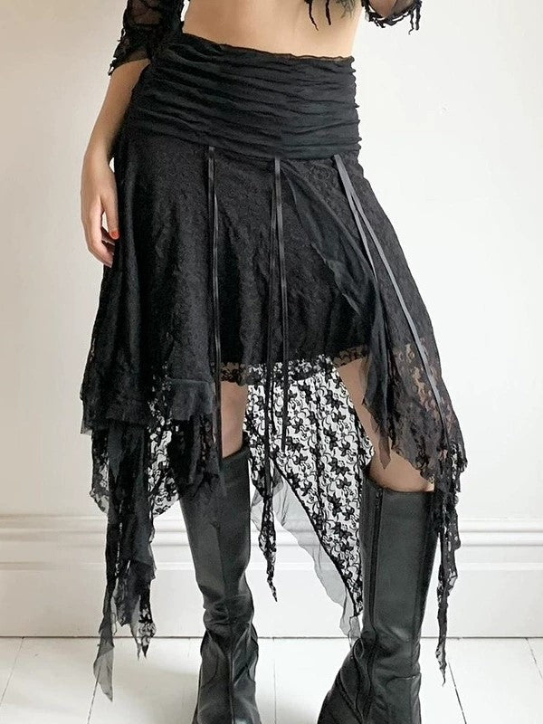 ASYMMETRICAL MIDI SKIRT WITH LACE PATCHWORK AND IRREGULAR HEM