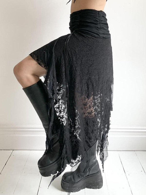 ASYMMETRICAL MIDI SKIRT WITH LACE PATCHWORK AND IRREGULAR HEM