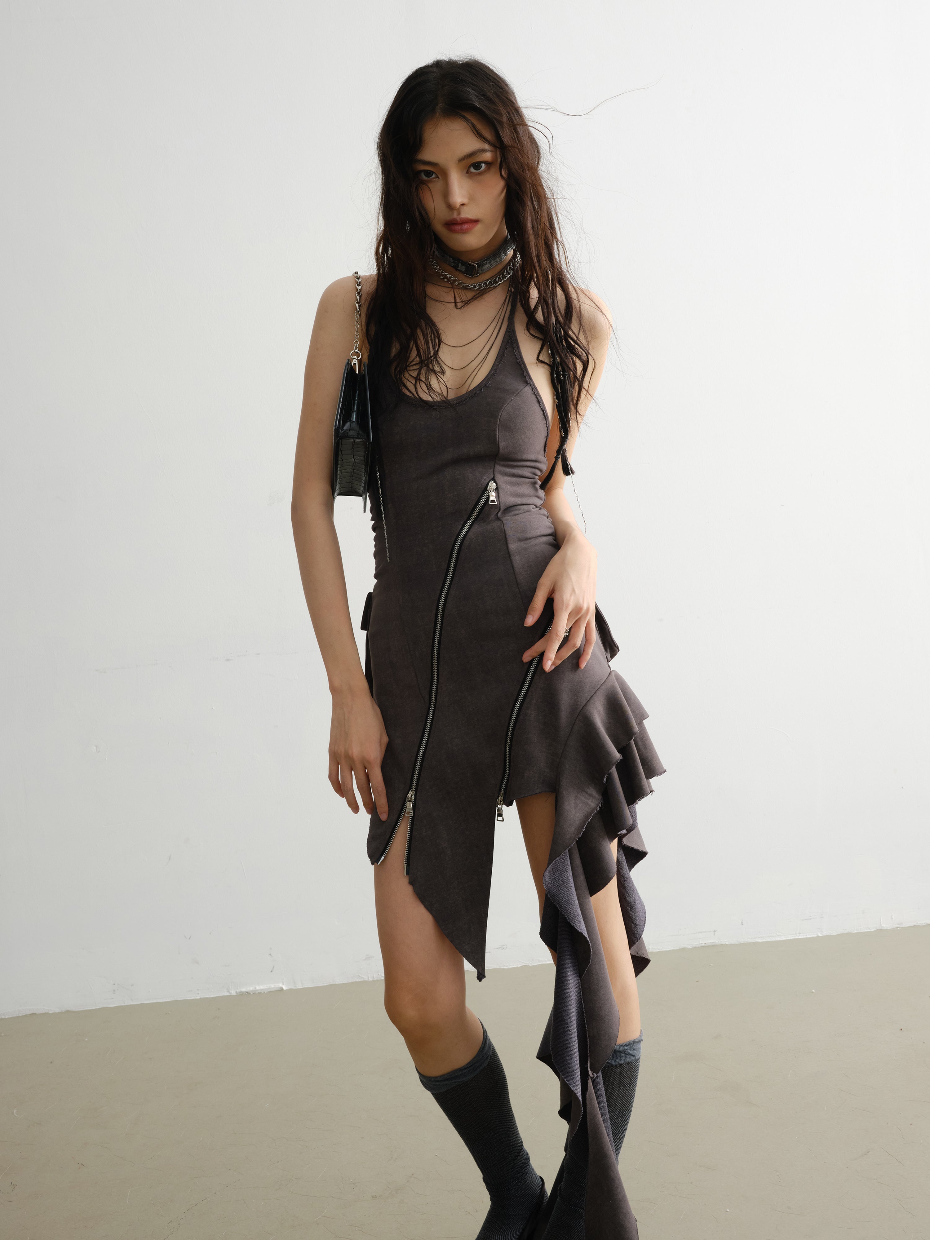 ASYMMETRICAL MINI DRESS WITH ZIPPER DETAILS FOR A BOLD STATEMENT