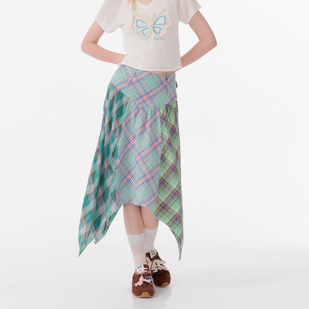 ASYMMETRICAL PLAID MIDI SKIRT WITH CASCADING EFFECT