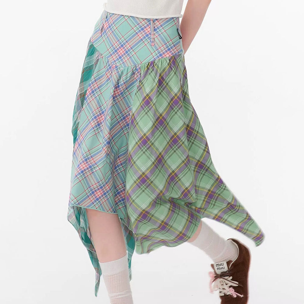 ASYMMETRICAL PLAID MIDI SKIRT WITH CASCADING EFFECT