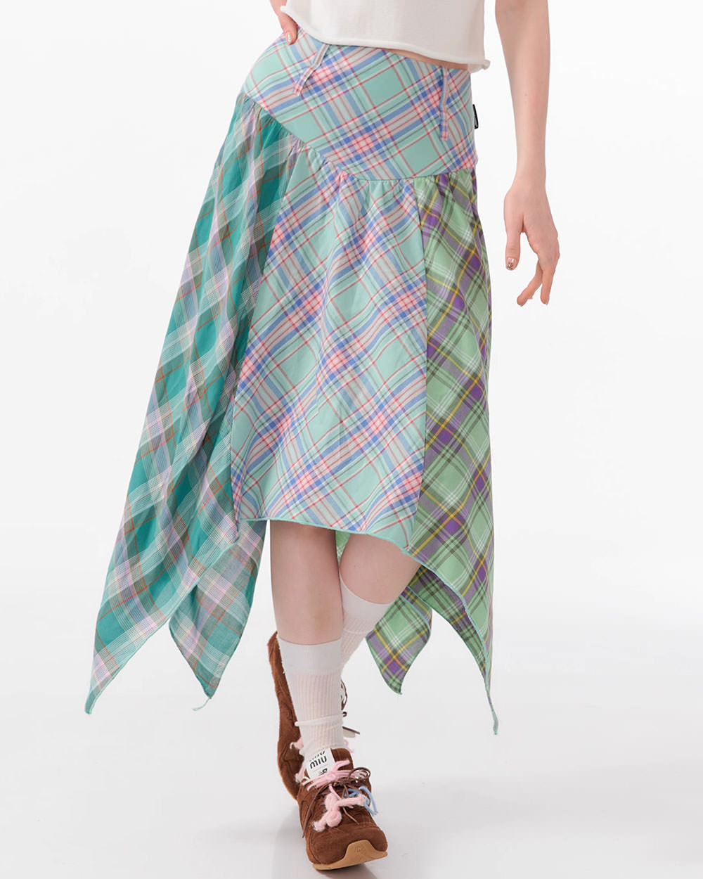 ASYMMETRICAL PLAID MIDI SKIRT WITH CASCADING EFFECT