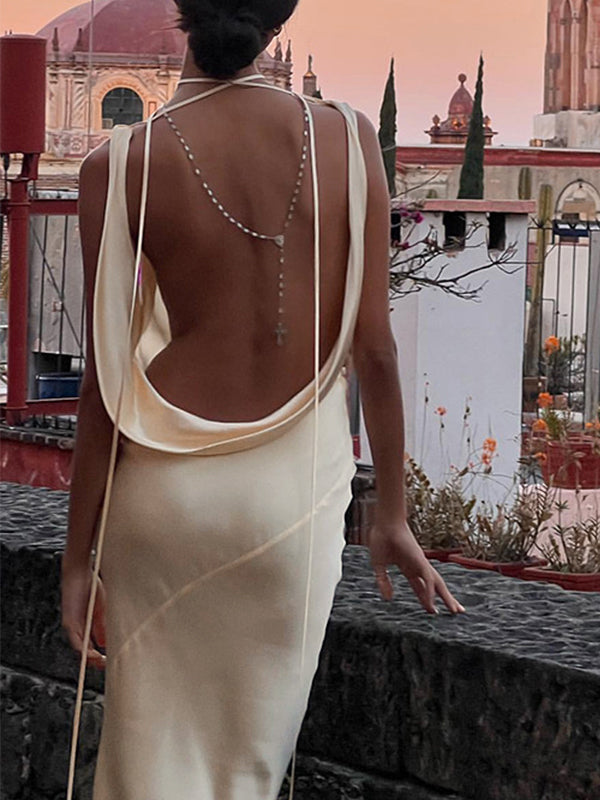 BACKLESS DRESS WITH LUXURIOUS SATIN WATERFALL NECKLINE