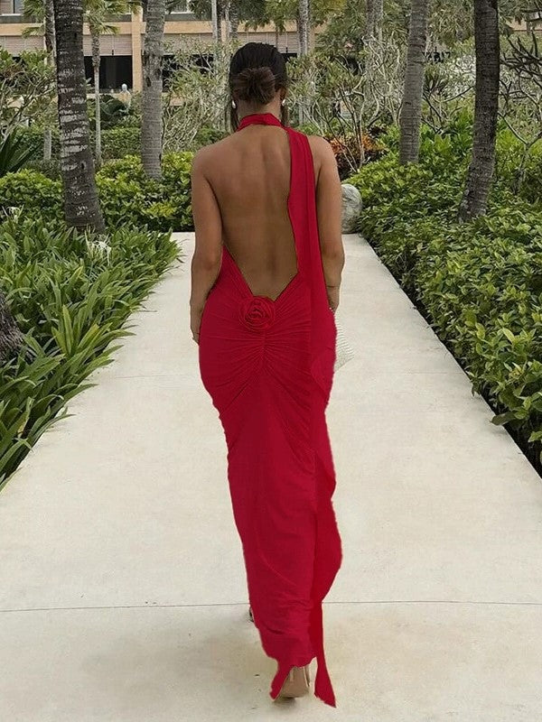 BACKLESS RED GOWN WITH DELICATE FLORAL EMBELLISHMENTS