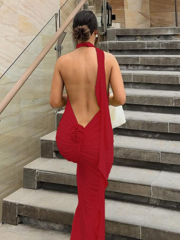 BACKLESS RED GOWN WITH DELICATE FLORAL EMBELLISHMENTS
