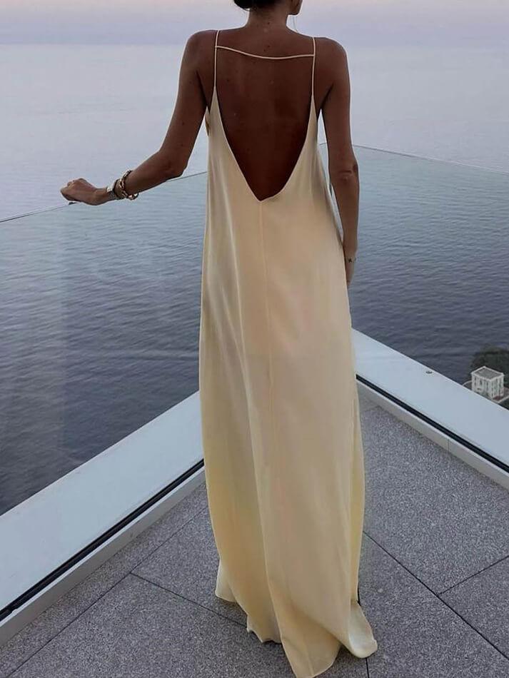 BACKLESS YELLOW SLIP DRESS WITH CREW NECK DESIGN