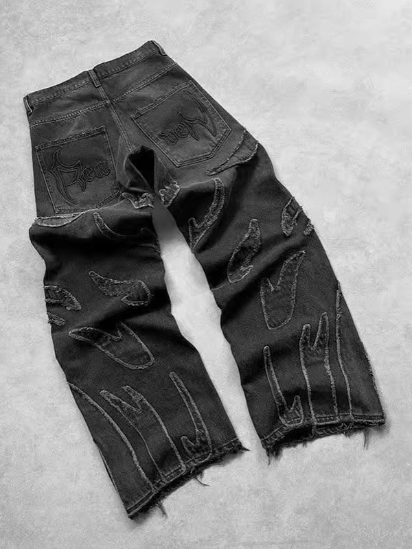 BAGGY BLACK JEANS WITH FLAME DESIGN - BOYFRIEND FIT VINTAGE