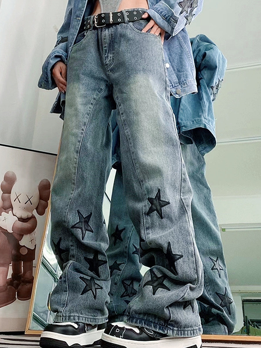 BAGGY BOYFRIEND JEANS WITH STAR PATTERN - Y2K COTTON BLEND STYLE