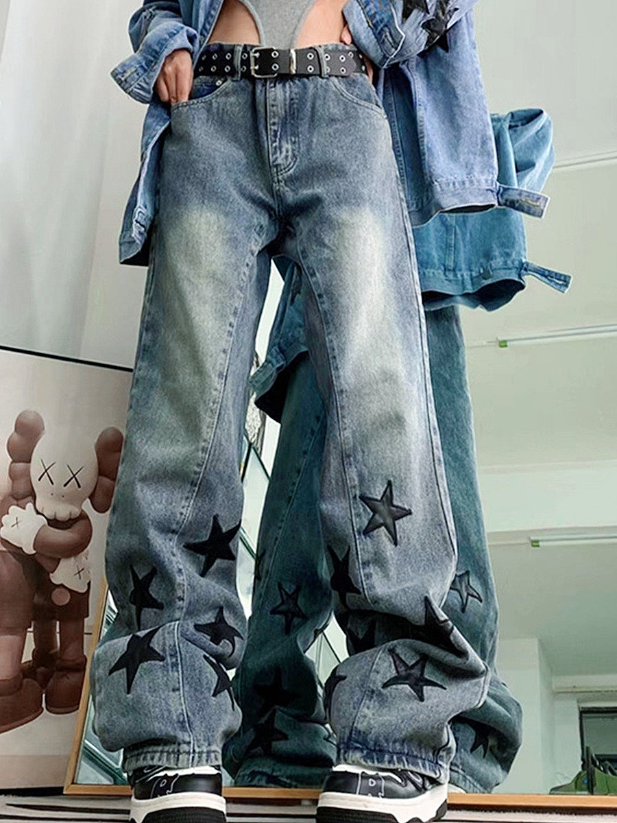 BAGGY BOYFRIEND JEANS WITH STAR PATTERN - Y2K COTTON BLEND STYLE