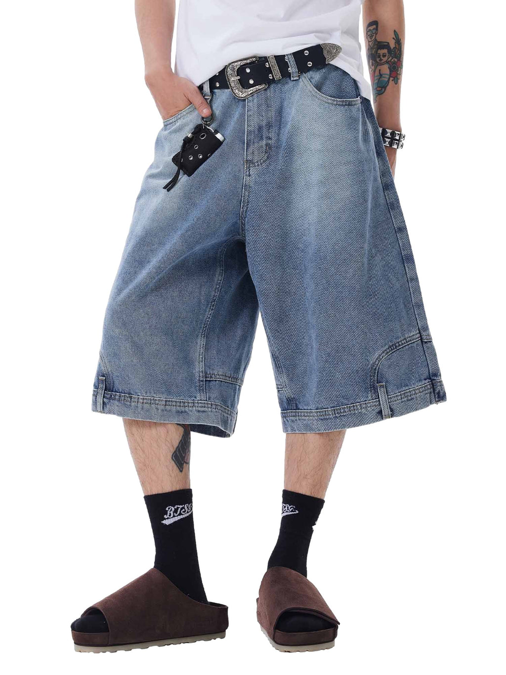 BAGGY DENIM SHORTS WITH BELT - WASHED DENIM JORTS