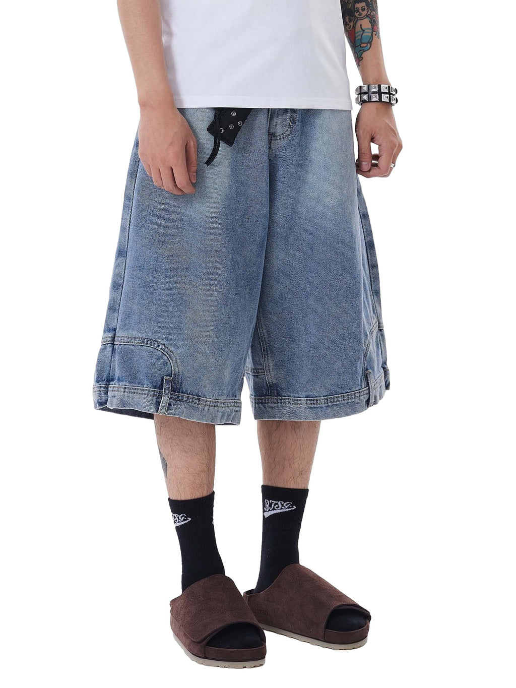 BAGGY DENIM SHORTS WITH BELT - WASHED DENIM JORTS