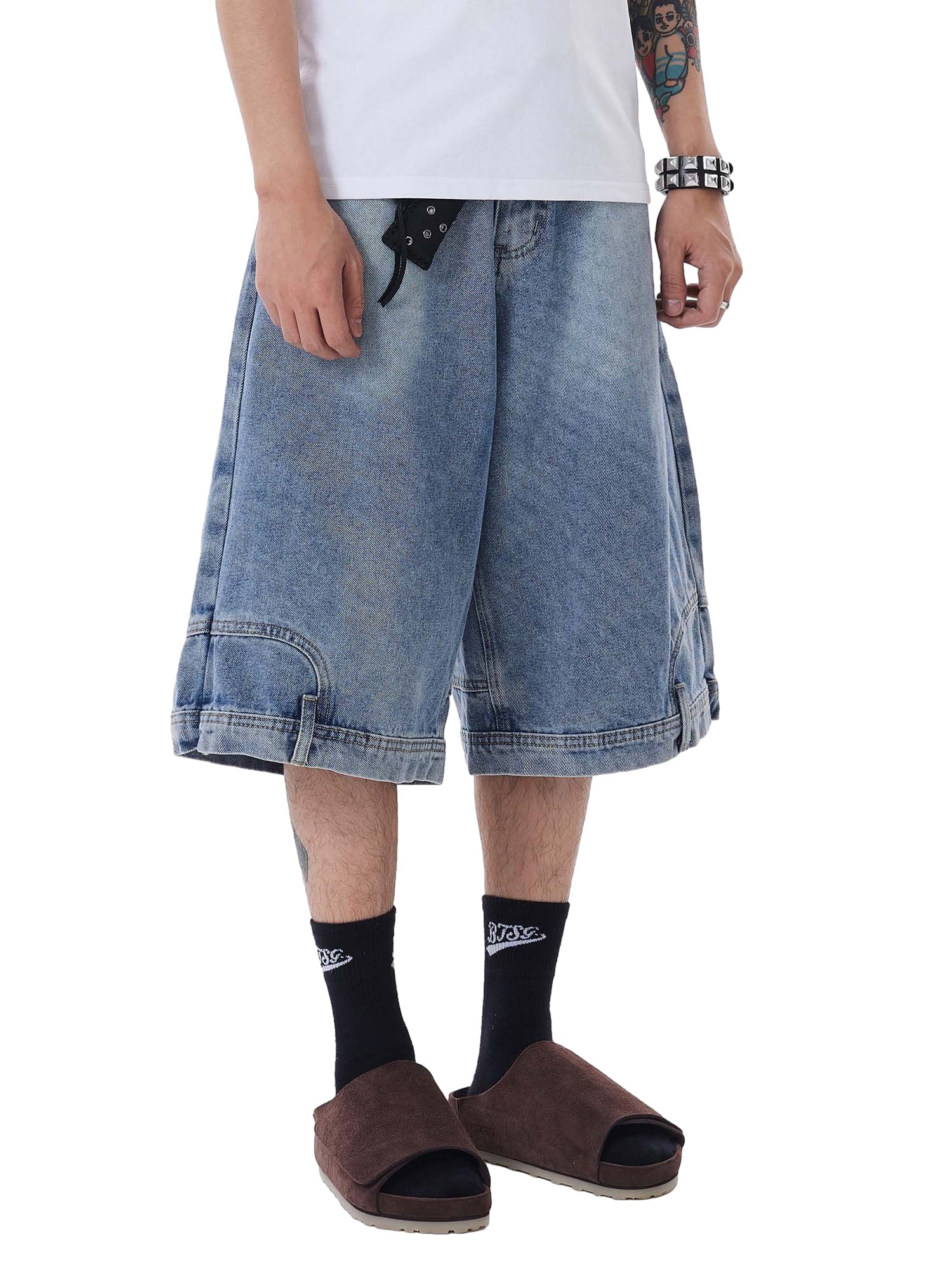BAGGY DENIM SHORTS WITH BELT - WASHED DENIM JORTS